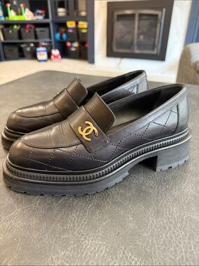 Authentic Chanel Interlocking CC Leather Loafers